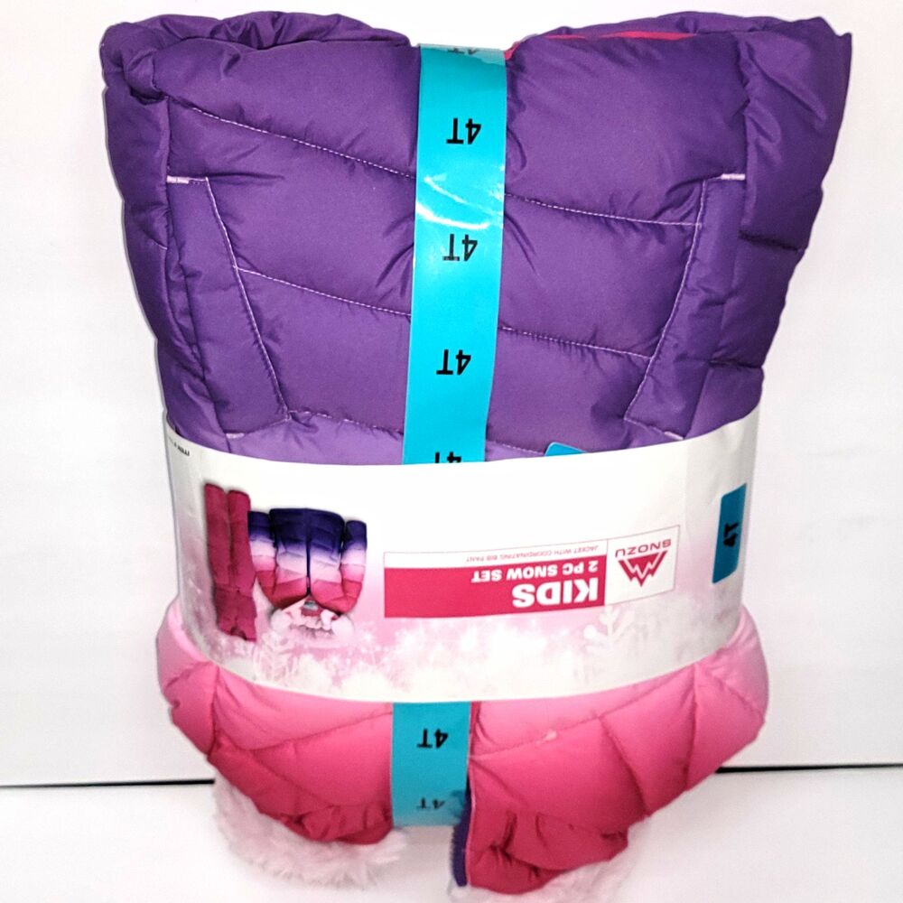 Snozu Girls 4T 2Pc Snowsuit Set Pink Purple Puffer Jacket Hood Fur Trim